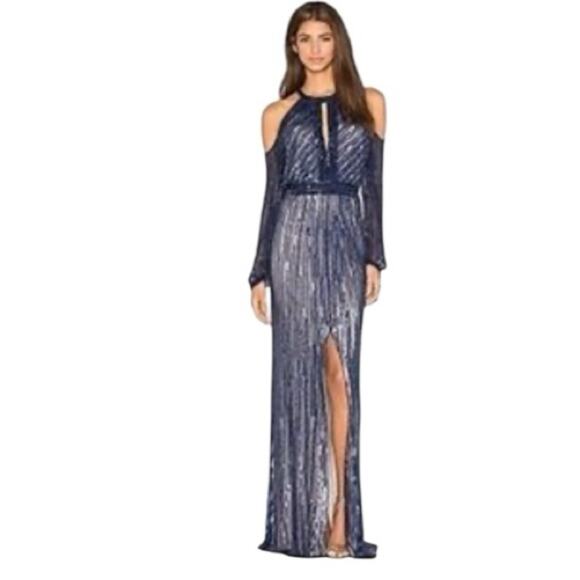Parker Black Sequin Cold Shoulder Embellished Gown Leg Slit Blue Size 2 Elegant - Picture 6 of 6